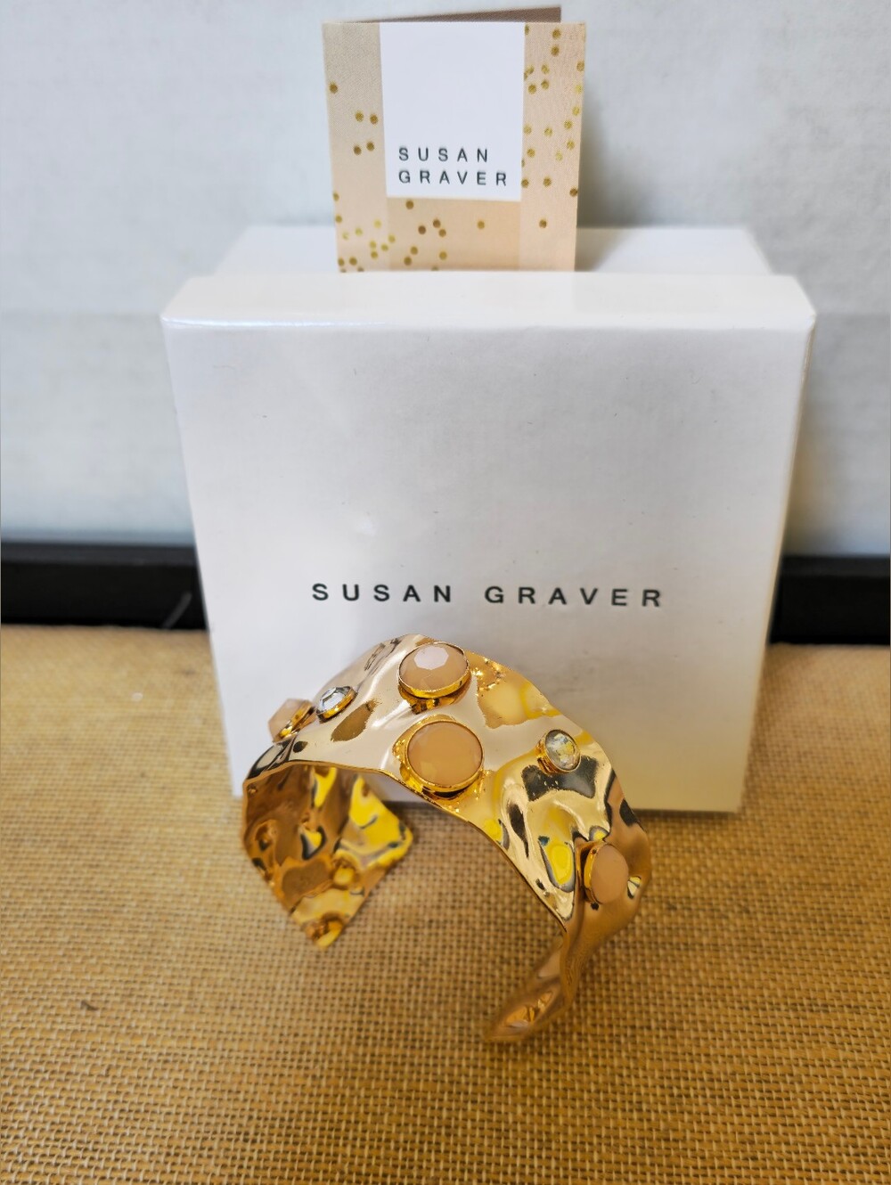 Susan Graver Gold-Tone Hammered Cuff with Pink/Peach Accents NWT